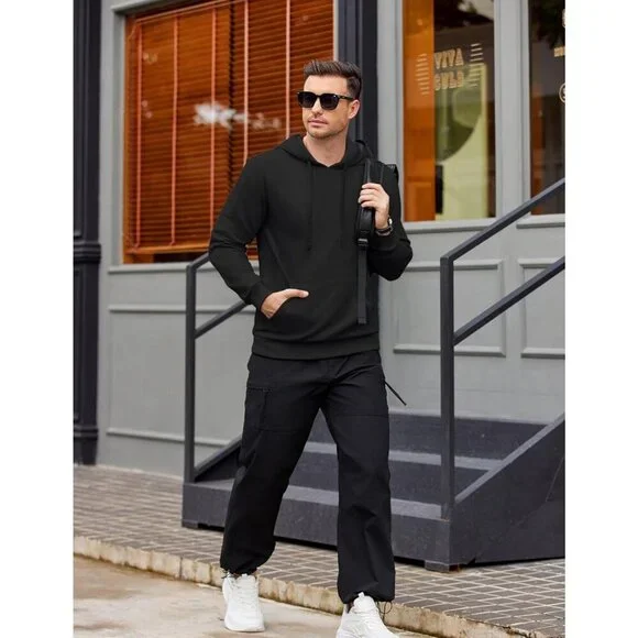 Coofandy Men Black Pullover Long Sleeve Drawstring Gym Hoodies Sweatshirt - Picture 5 of 5